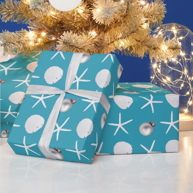 Teal Blue Tropical Holiday Beach Shells Gift Wrap (Holidays)