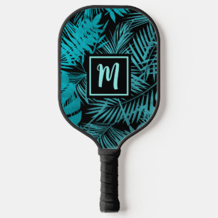 Teal Blue Tropical Monogram Palm Leaf Bold Modern Pickleball Paddle