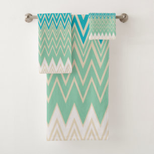 Teal Blue, turquoise and Green Zigzags Bath Towel Set