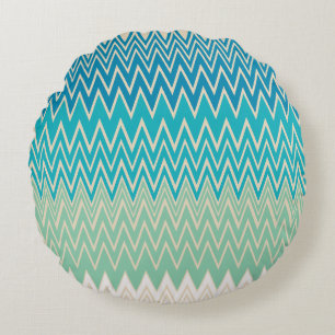 Teal Blue, turquoise and Green Zigzags Round Cushion