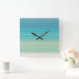 Teal Blue, turquoise and Green Zigzags Square Wall Clock