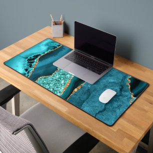 Teal Blue Turquoise Gold Glitter Marble Desk Mat