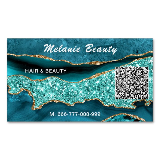 Teal Blue Turquoise QR Code Business Card Magnet (Front)