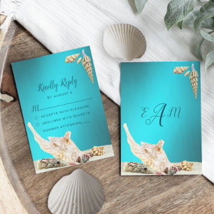 Teal Blue Turquoise Seashell Beach Wedding RSVP Card