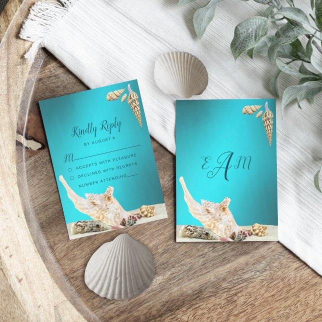 Teal Blue Turquoise Seashell Beach Wedding  RSVP Card (Creator Uploaded)