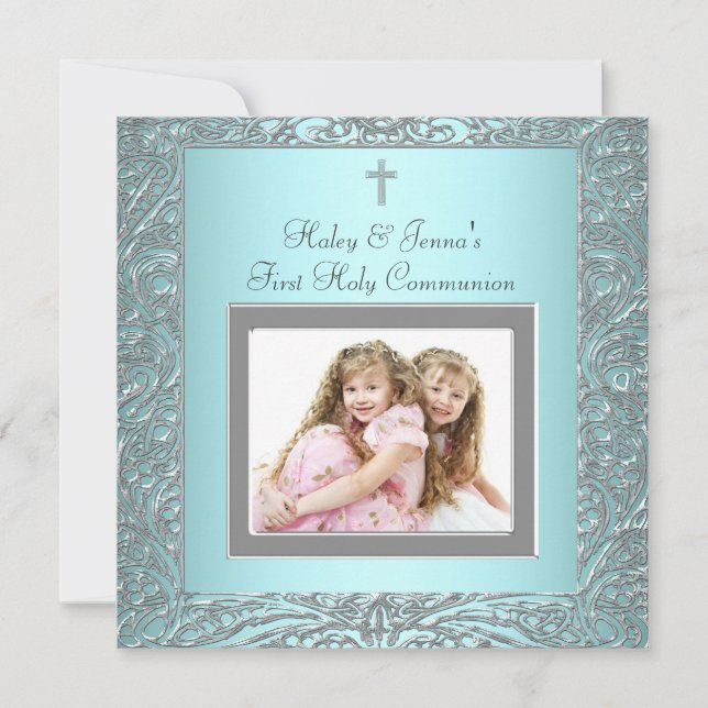 Teal Blue Twins Photo First Communion Invitation (Front)
