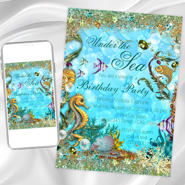 Teal Blue Under the Sea Birthday Party Invitation (Pretty gold undersea fish, shells and seahorse on a glittery bubble background. For any occasion.)