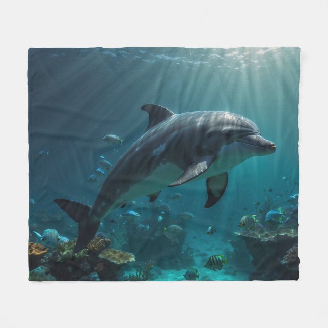 Teal Blue Underwater Dolphin Scene I Fleece Blanket (Front (Horizontal))