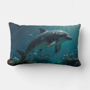 Teal Blue Underwater Dolphin Scene I Lumbar Cushion