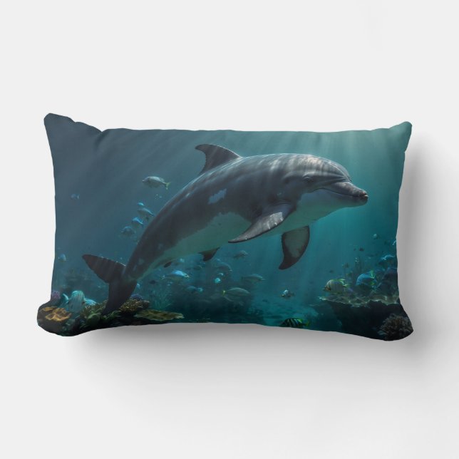 Teal Blue Underwater Dolphin Scene I Lumbar Cushion (Front)