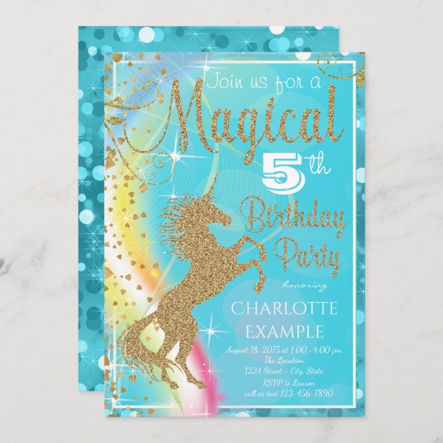 Teal Blue Unicorn Birthday Party Invitations (Front/Back)