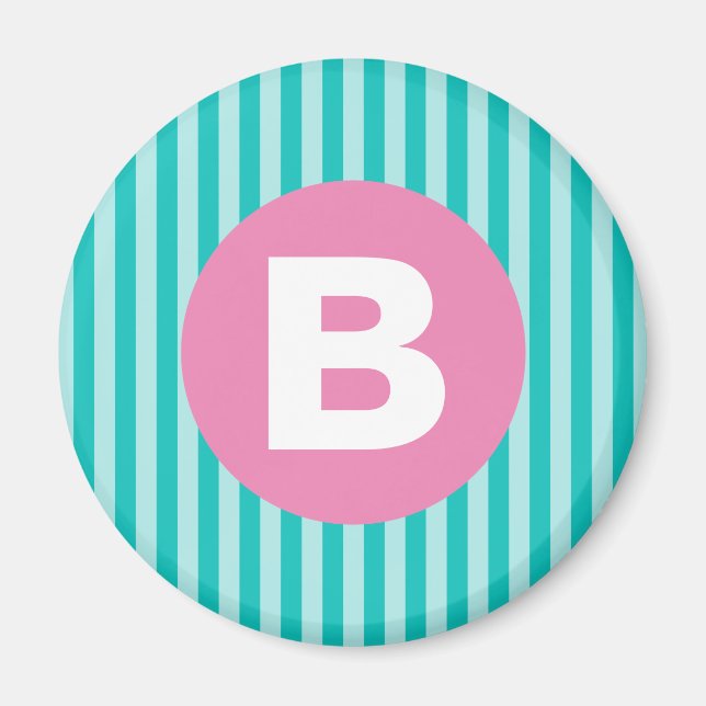 Teal Blue Vertical Striped Pink Circle Monogram Magnet (Front)