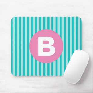 Teal Blue Vertical Striped Pink Circle Monogram Mouse Pad