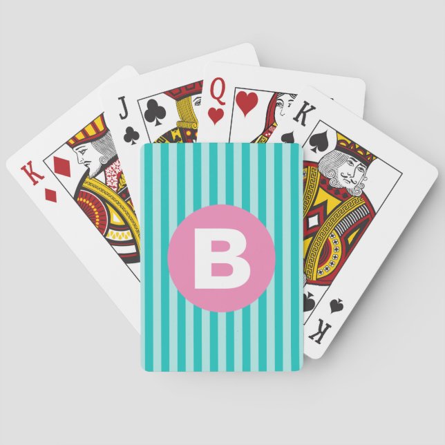 Teal Blue Vertical Striped Pink Circle Monogram Playing Cards (Back)