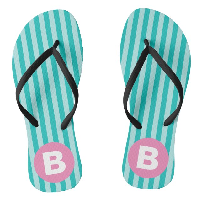 Teal Blue Vertical Striped Pink Circle Monogram Thongs (Footbed)