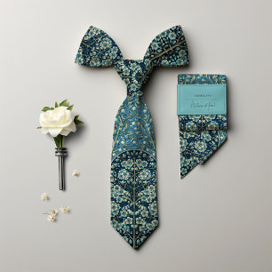 Teal Blue Victorian-Era Floral Snowberry Men's Tie