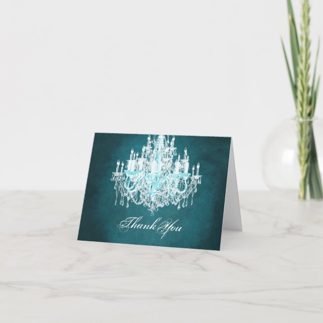 Teal Blue Vintage Chandelier Thank You Cards (Front)
