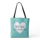 Teal blue vintage love heart bridesmaid tote bag