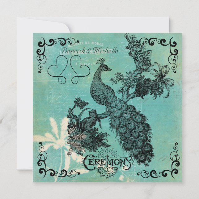 Teal Blue  Vintage Peacock Wedding Invitation (Front)