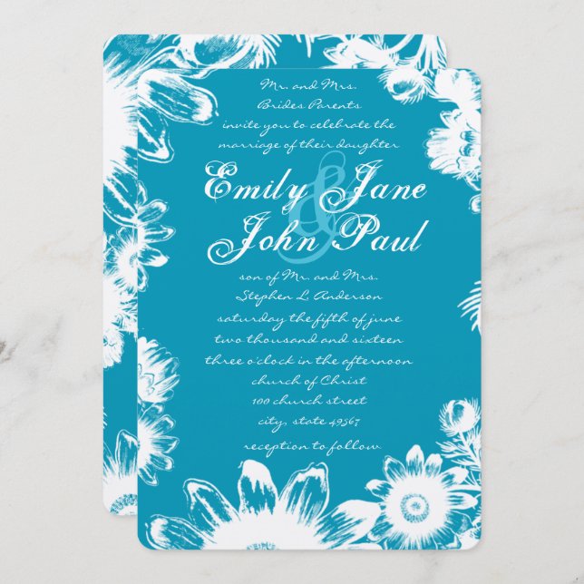 Teal Blue Vintage Wildflower Wedding Invitations (Front/Back)