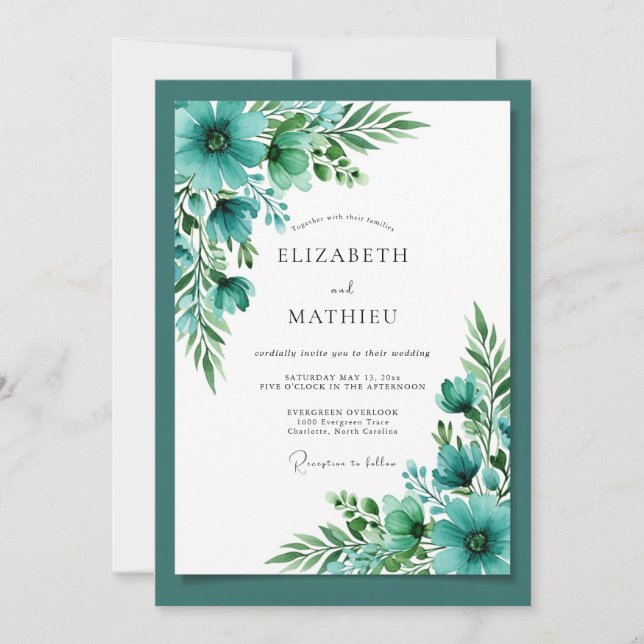 Teal Blue Vivacious Botanical Wedding Invitation (Front)