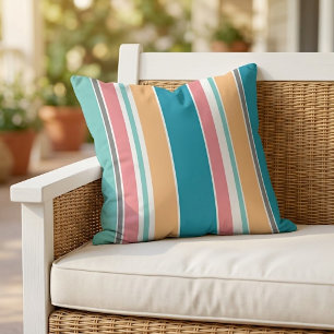 Teal Blue Warm Yellow Coral Red Grey White Stripes Cushion