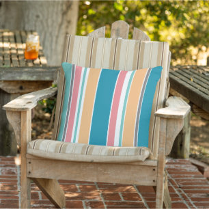 Teal Blue Warm Yellow Coral Red Grey White Stripes Cushion