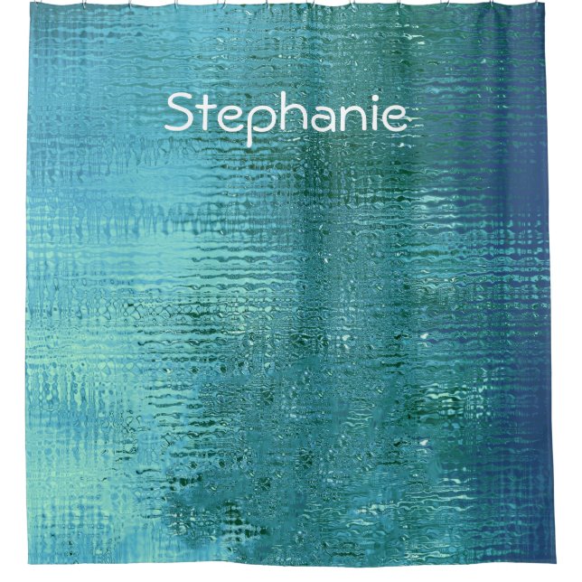 Teal Blue Water Abstract Shiny Monogrammed Name Shower Curtain (Front)