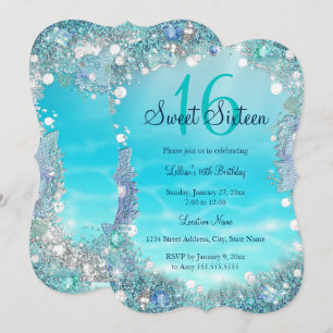 Teal Blue Water Ocean Pearls Sweet 16 Party Invitation