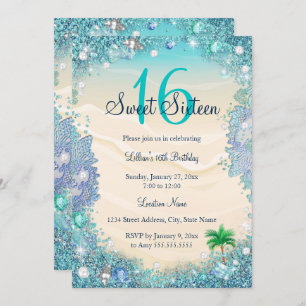 Teal Blue Water Ocean Sand Pearls Sweet 16 Party Invitation