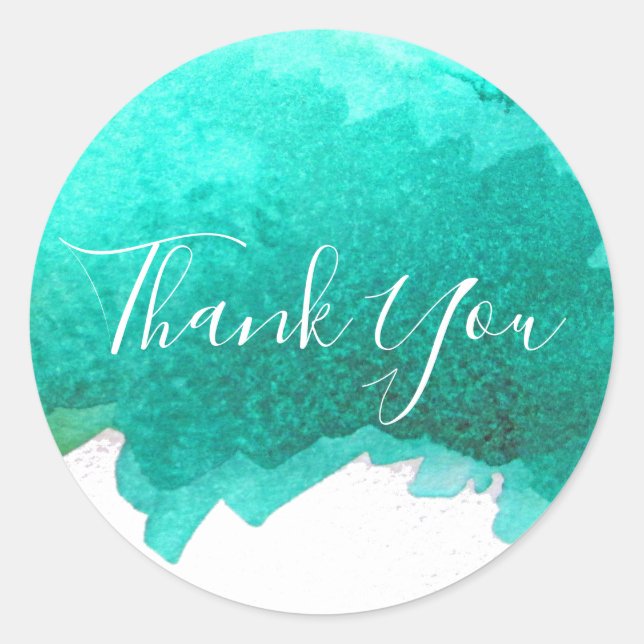 Teal blue Watercolor art Thank You Classic Round Sticker (Front)