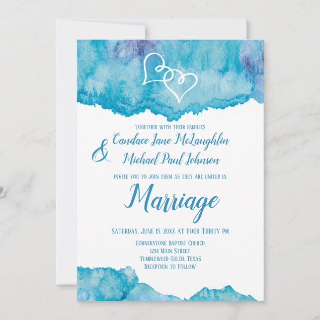 Teal Blue Watercolor Double Hearts Wedding Invitation (Front)