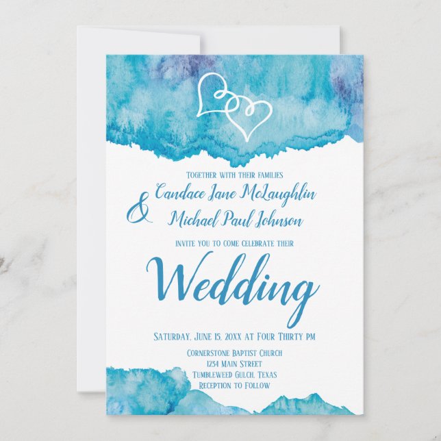 Teal Blue Watercolor Double Hearts Wedding Invitation (Front)