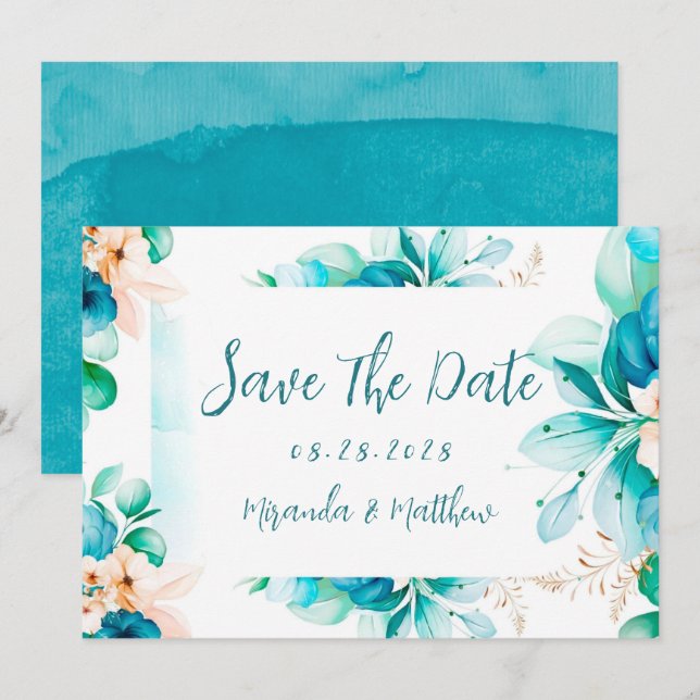Teal Blue Watercolor Floral Save The Date Cards (Front/Back)