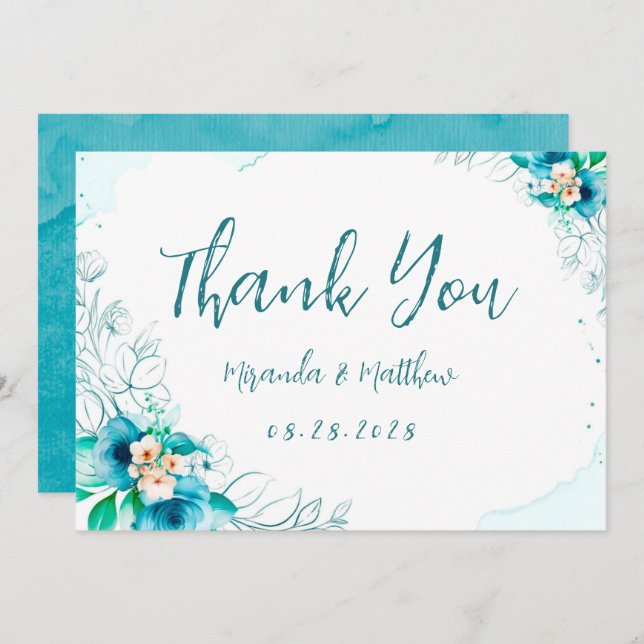 Teal Blue Watercolor Floral Thank You Cards (Front/Back)