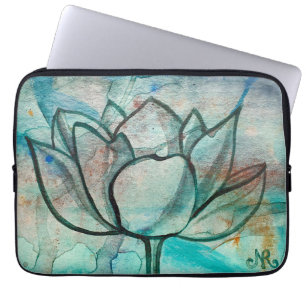 Teal Blue Watercolor Flower Elegant Artsy Lotus Laptop Sleeve