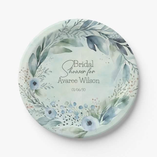 Teal Blue Watercolor Flowers Shower  Paper Plate (Front)