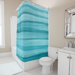 Teal Blue Watercolor Lines Pattern Shower Curtain