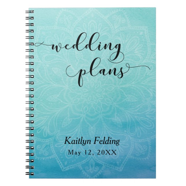 Teal & Blue Watercolor & Mandala Wedding Planner Notebook (Front)