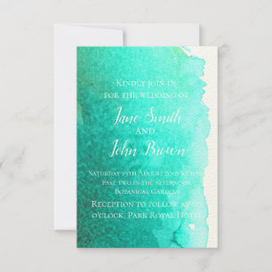 Teal blue watercolor modern art beach wedding invitation