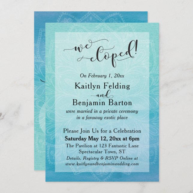 Teal Blue Watercolor Ombre Mandala We Eloped Invitation (Front/Back)