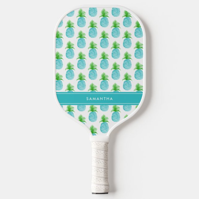 Teal Blue Watercolor Pineapple Personalised Name Pickleball Paddle (Front)