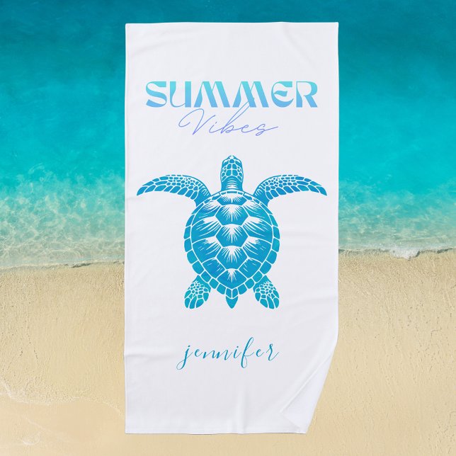 Teal Blue Watercolor Sea Turtle Personalised  Beach Towel (Creator Uploaded)