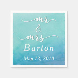 Teal & Blue Watercolor Wedding Mr & Mrs Typography Napkin