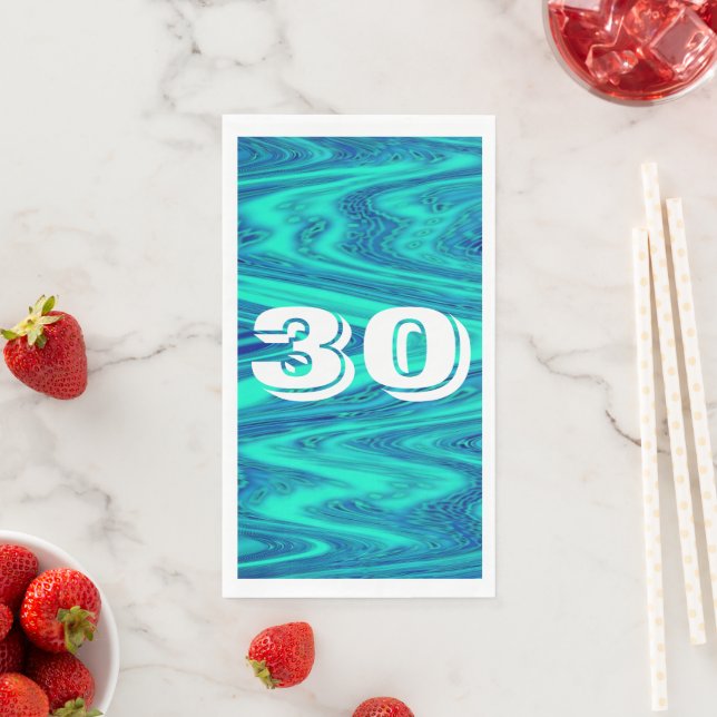Teal Blue Waves 30th Birthday Custom Age Abstract Napkin (Insitu)