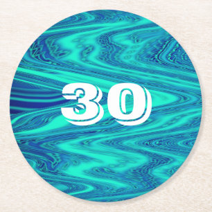 Teal Blue Waves Abstract 30th Birthday Custom Age Round Paper Coaster