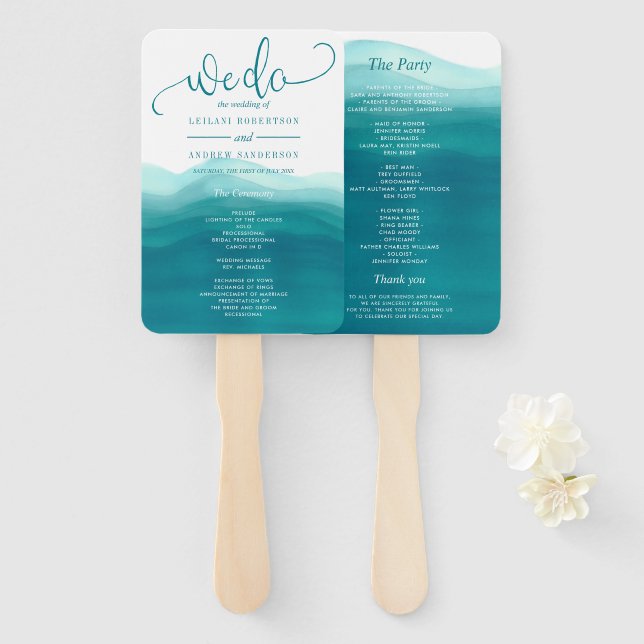Teal Blue We Do Watercolor Ombre Wedding Hand Fan (Front and Back)