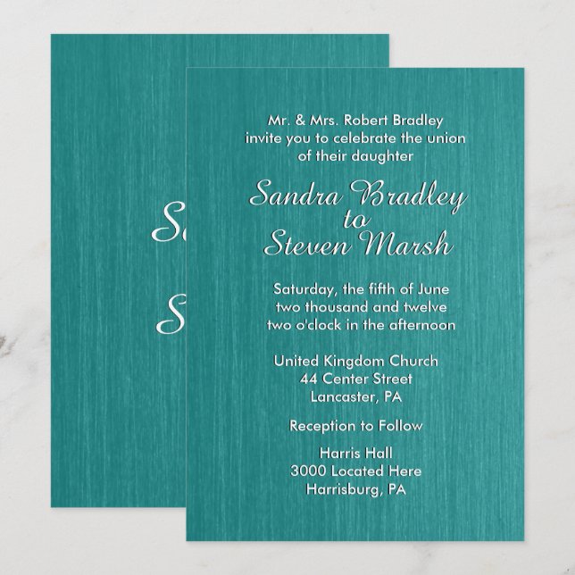 Teal Blue Wedding Invitation 5" x 7" (Front/Back)