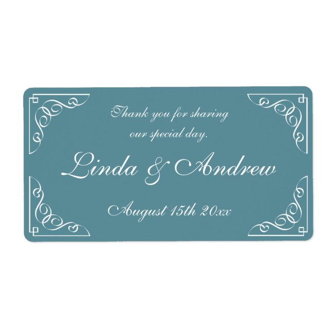 Teal blue wedding party favour water bottle labels (Front)