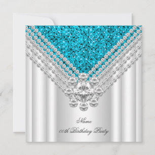 Teal Blue White Birthday Party Glitter Diamond Invitation